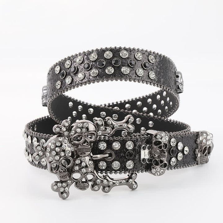 Bling Studded Mini Skull Rhinestone Rivets Leather Belt - Black & White - 42 - image 7