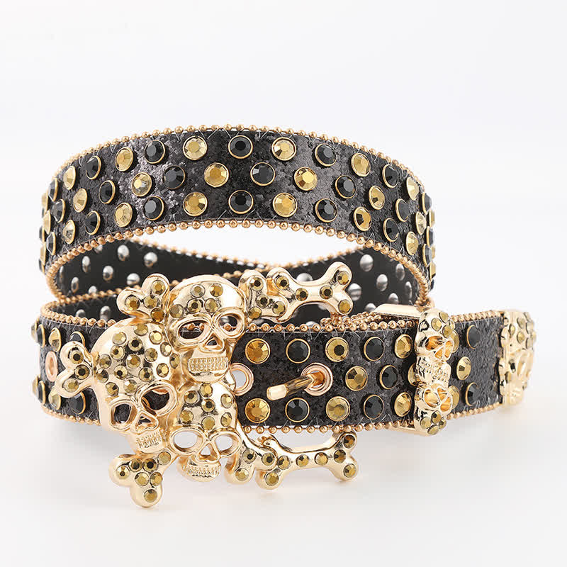Bling Studded Mini Skull Rhinestone Rivets Leather Belt - Black & Gold - 42 - image 0