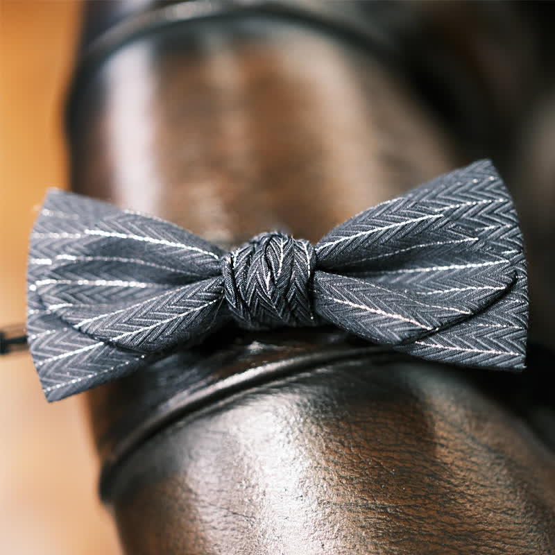 Men's Dark Gray Striped Herringbone Pattern Bow Tie - image 3