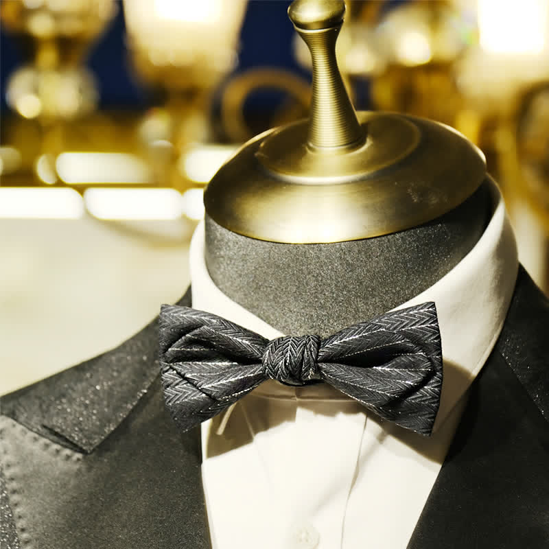 Men's Dark Gray Striped Herringbone Pattern Bow Tie - image 5