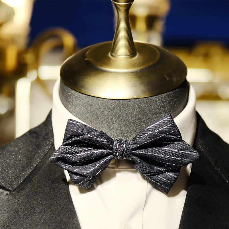 Men's Dark Gray Striped Herringbone Pattern Bow Tie - image 10