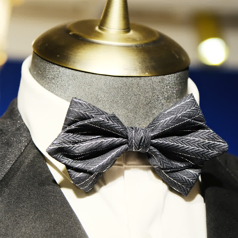 Men's Dark Gray Striped Herringbone Pattern Bow Tie - Style #2 - image 7