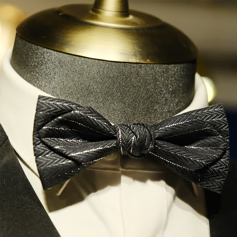 Men's Dark Gray Striped Herringbone Pattern Bow Tie - image 6