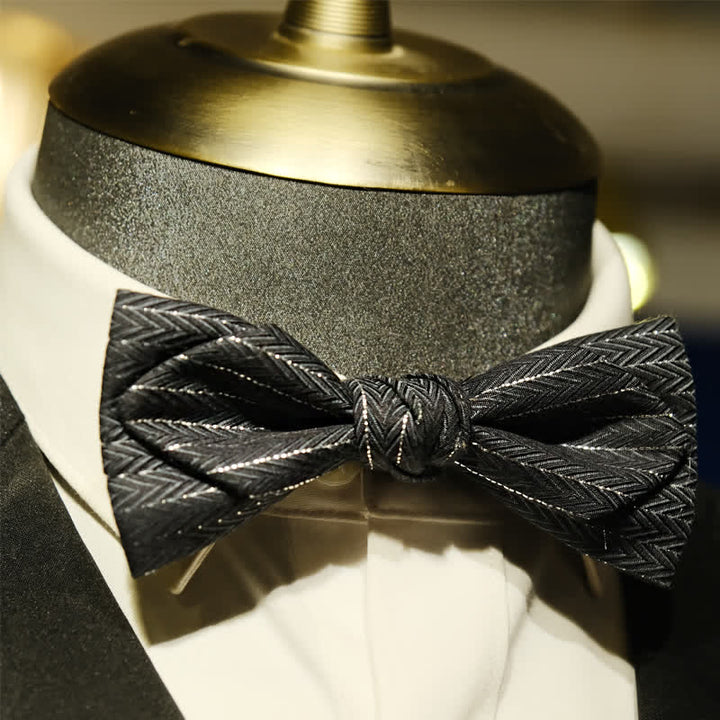 Men's Dark Gray Striped Herringbone Pattern Bow Tie - image 6