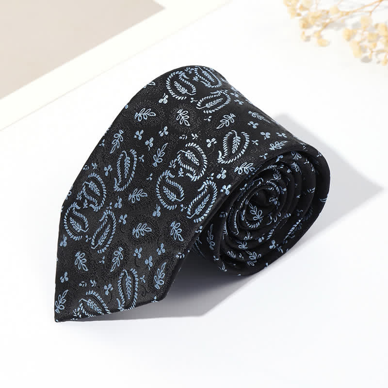 Men's Mix Cashew Black Background Jacquard Necktie - Light Blue - image 3