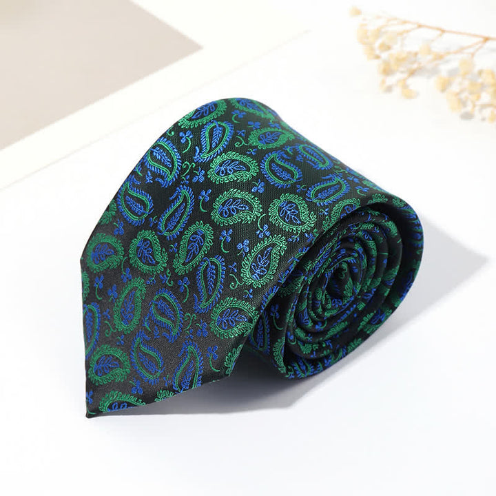 Men's Mix Cashew Black Background Jacquard Necktie - Green - image 7