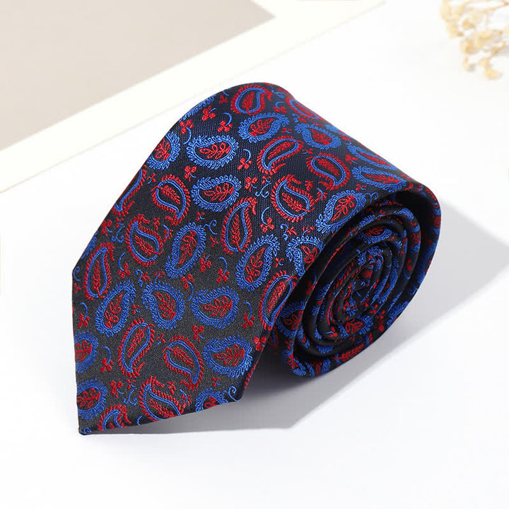 Men's Mix Cashew Black Background Jacquard Necktie - Red & Blue - image 1