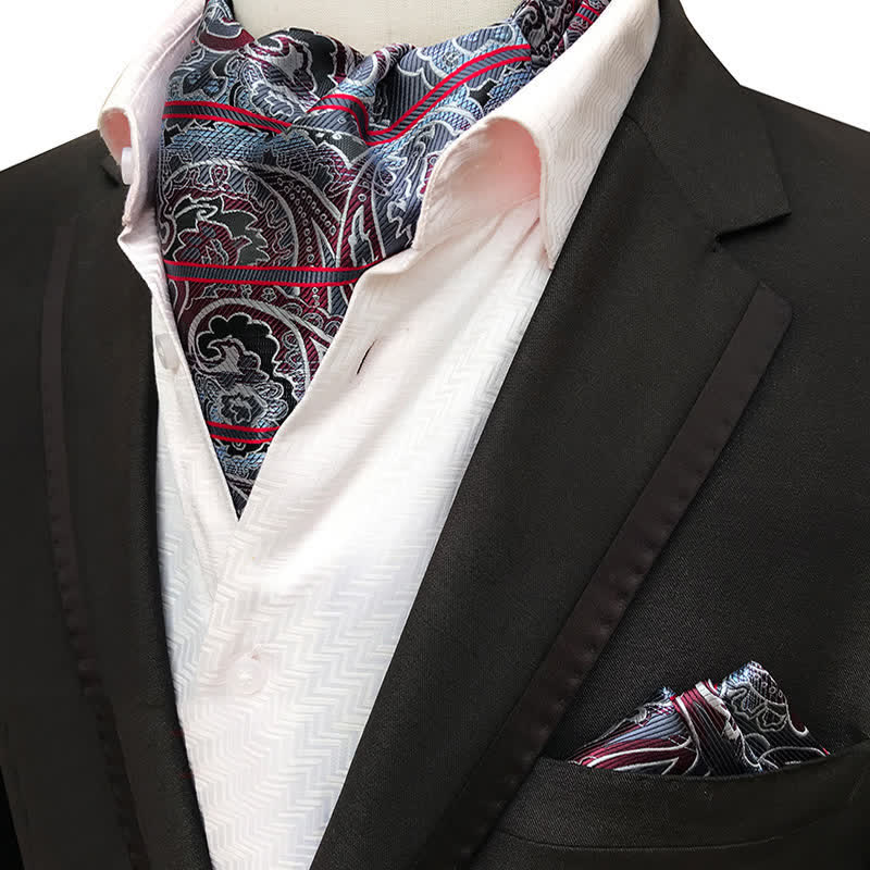 2Pcs Red Striped & Gray Paisley Pocket Square and Cravat Set - Red & Gray - image 0