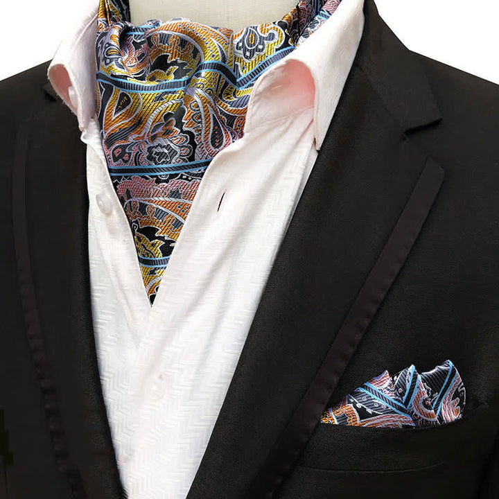 2Pcs Black Striped & Gold Paisley Pocket Square and Cravat Set - Black & Gold - image 0