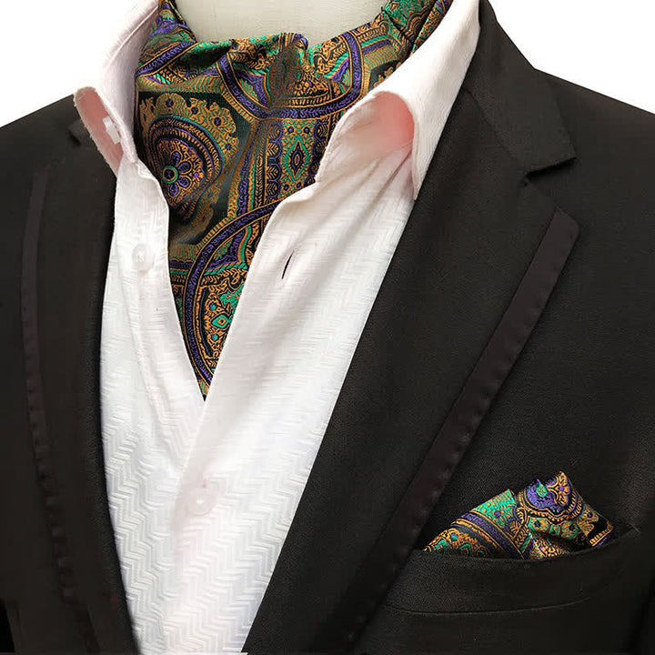 2Pcs Green Orange Purple Paisley Pocket Square and Cravat Set - Green & Orange - image 0