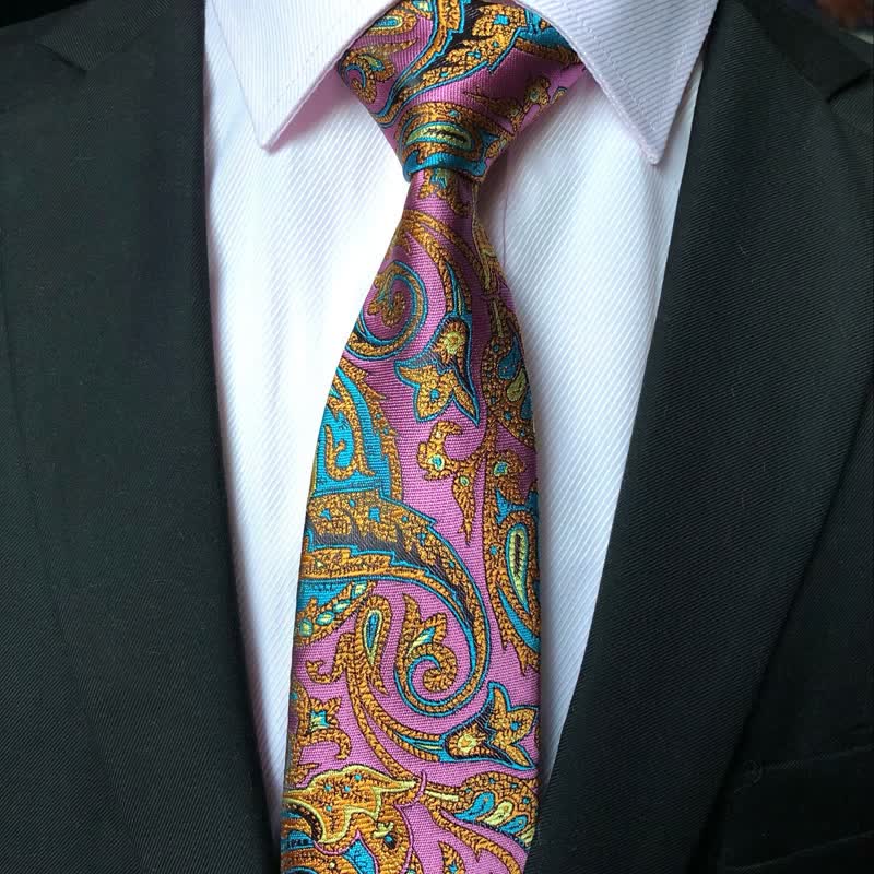 Men's Pink & Gold Flower Vibrant Paisley Necktie - image 3