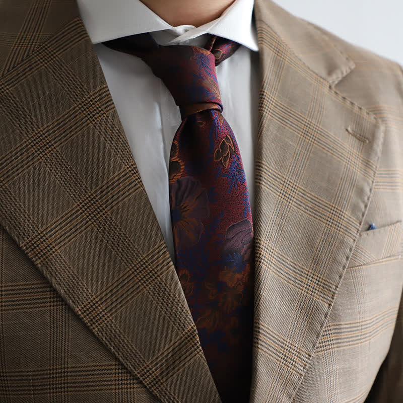 Men's Quiet Burgundy & Navy Flower Leaves Necktie - Burgundy & Navy - image 0