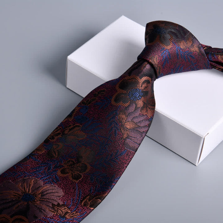 Men's Quiet Burgundy & Navy Flower Leaves Necktie - image 2