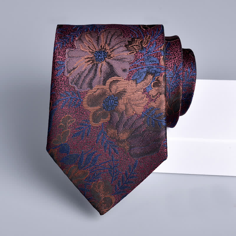 Men's Quiet Burgundy & Navy Flower Leaves Necktie - image 1