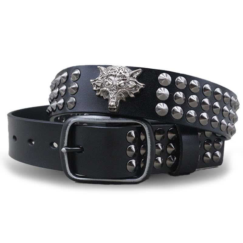 Wolf Head Rivets Three Rows Studded Leather Belt - Black - 44 - image 0