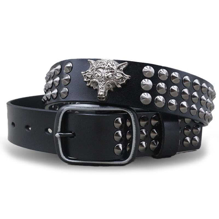 Wolf Head Rivets Three Rows Studded Leather Belt - Black - 44 - image 0