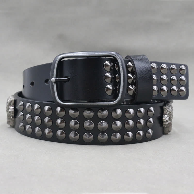 Wolf Head Rivets Three Rows Studded Leather Belt - image 3