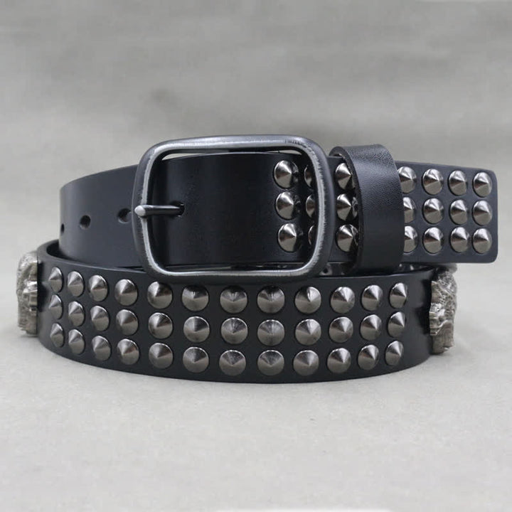 Wolf Head Rivets Three Rows Studded Leather Belt - image 3