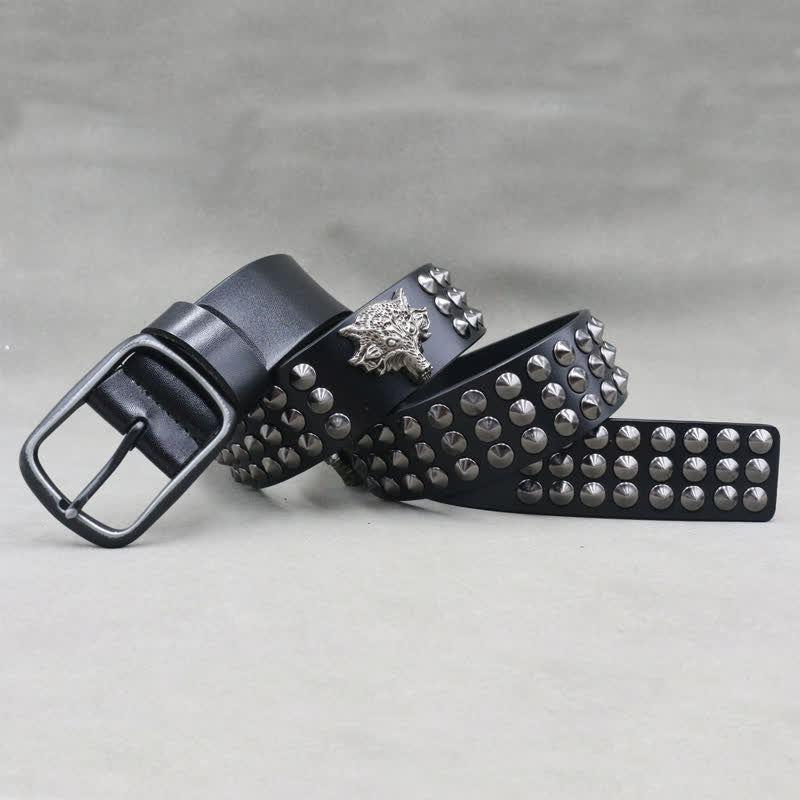 Wolf Head Rivets Three Rows Studded Leather Belt - image 4