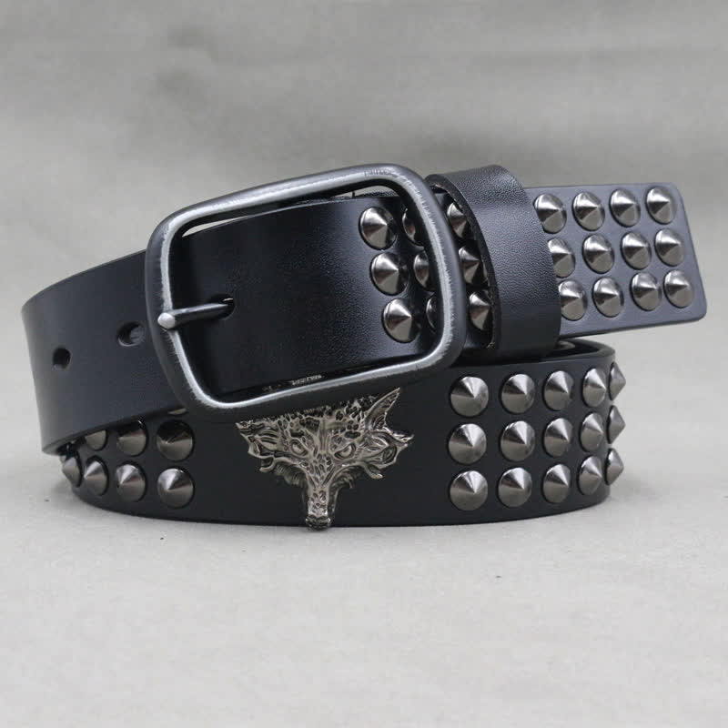 Wolf Head Rivets Three Rows Studded Leather Belt - image 2
