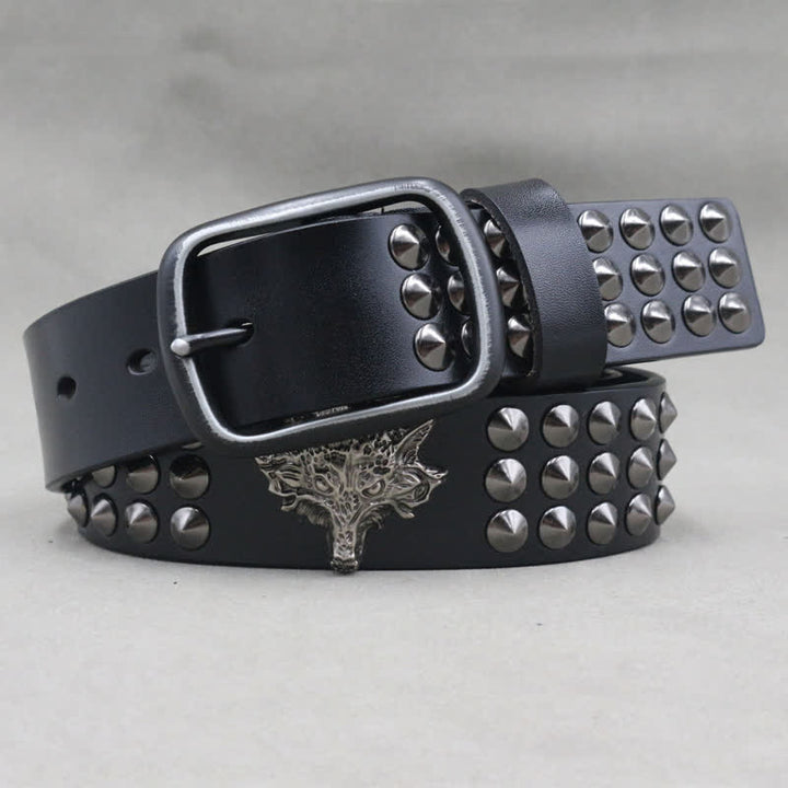 Wolf Head Rivets Three Rows Studded Leather Belt - image 2
