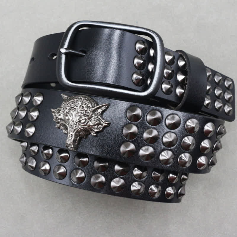 Wolf Head Rivets Three Rows Studded Leather Belt - image 1