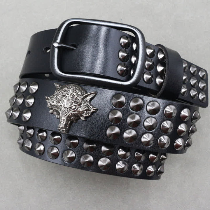 Wolf Head Rivets Three Rows Studded Leather Belt - image 1
