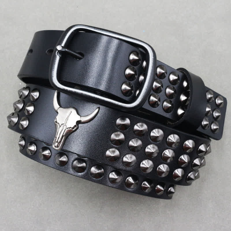 Western Bull Head Rivets Three Rows Studded Leather Belt - image 1
