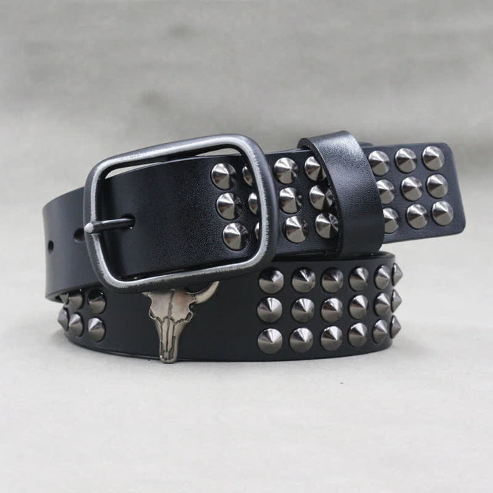 Western Bull Head Rivets Three Rows Studded Leather Belt - image 3