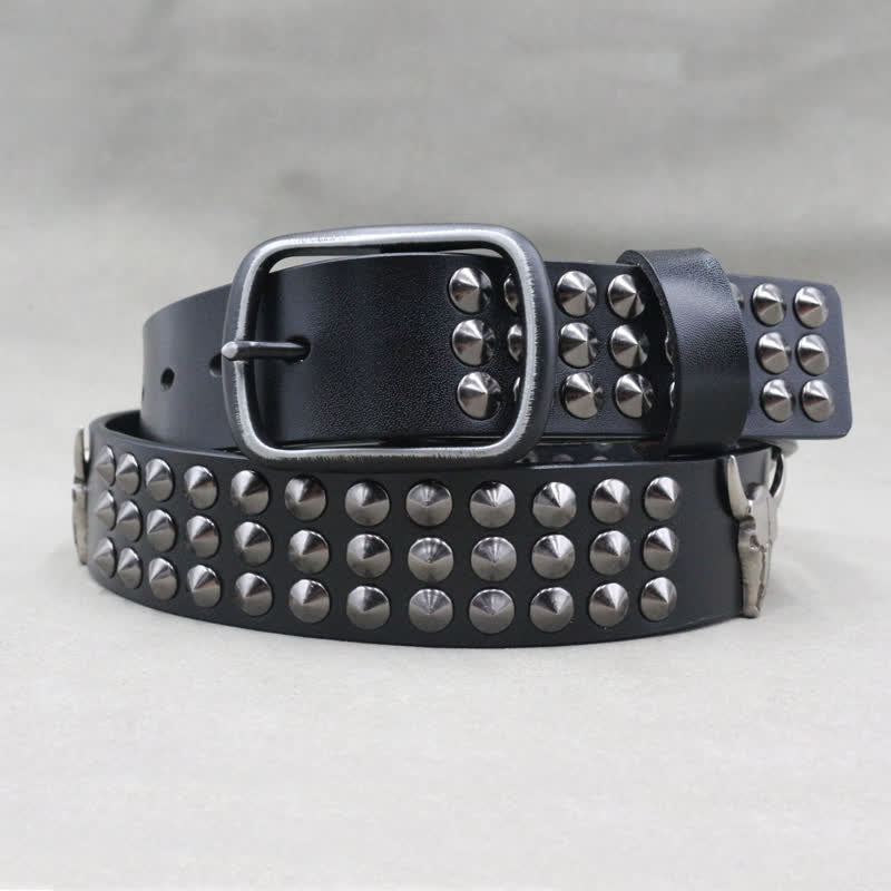 Western Bull Head Rivets Three Rows Studded Leather Belt - image 2