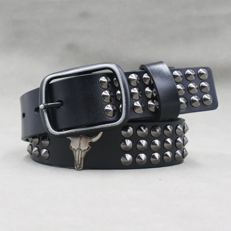 Western Bull Head Rivets Three Rows Studded Leather Belt - image 3