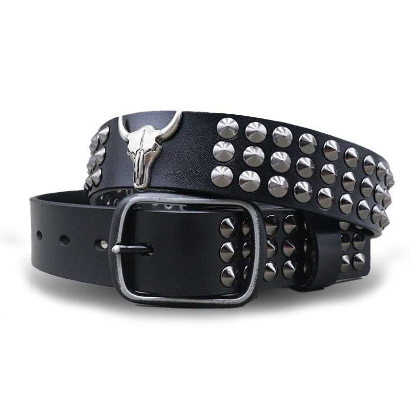 Western Bull Head Rivets Three Rows Studded Leather Belt - Black - 44 - image 0