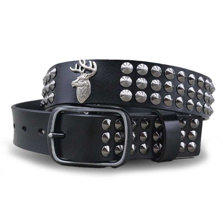 Lucky Deer Rivets Three Rows Studded Leather Belt - Black - 44 - image 0