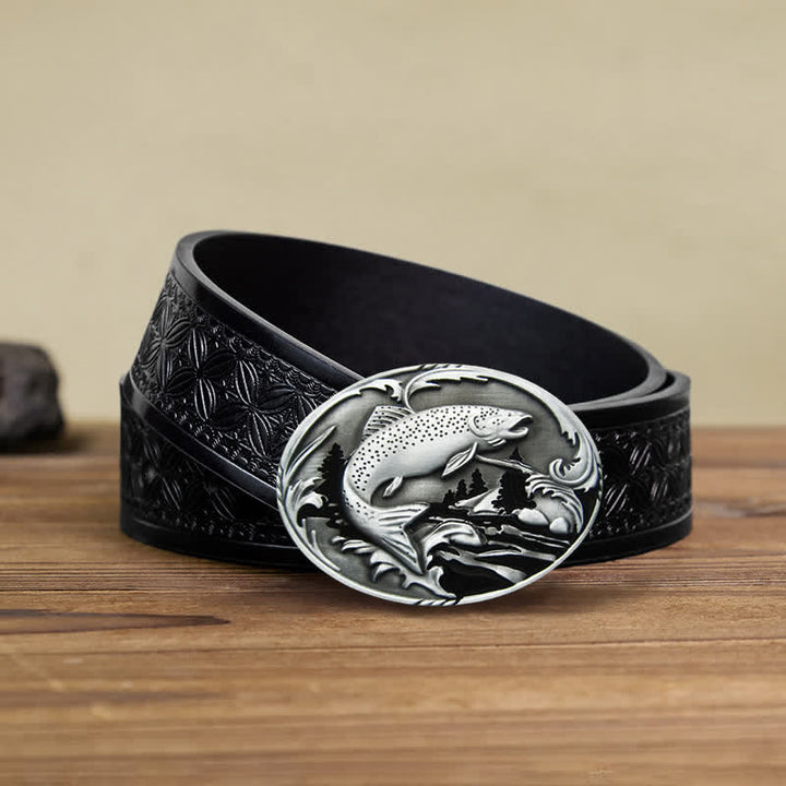 Men's DIY Fishing Wildlife Buckle Leather Belt - Fishing - Black Embossed Weave Belt (40) - image 6