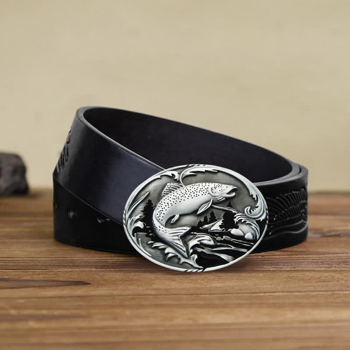 Men's DIY Fishing Wildlife Buckle Leather Belt - Fishing - Black Embossed Eagle Belt (40) - image 5