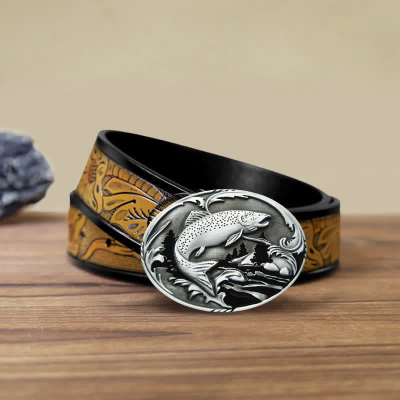 Men's DIY Fishing Wildlife Buckle Leather Belt - Fishing - SandyBrown Belt (40) - image 9