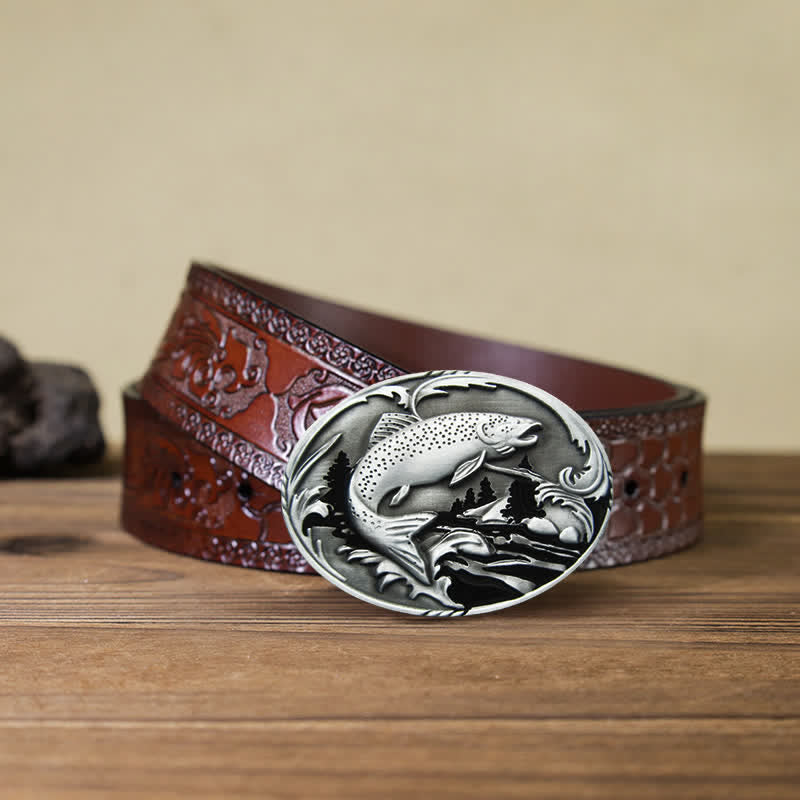 Men's DIY Fishing Wildlife Buckle Leather Belt - Fishing - Brown Carved Belt (40) - image 8