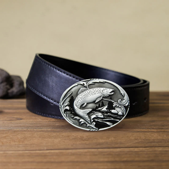 Men's DIY Fishing Wildlife Buckle Leather Belt - Fishing - Black PU Belt (40) - image 4