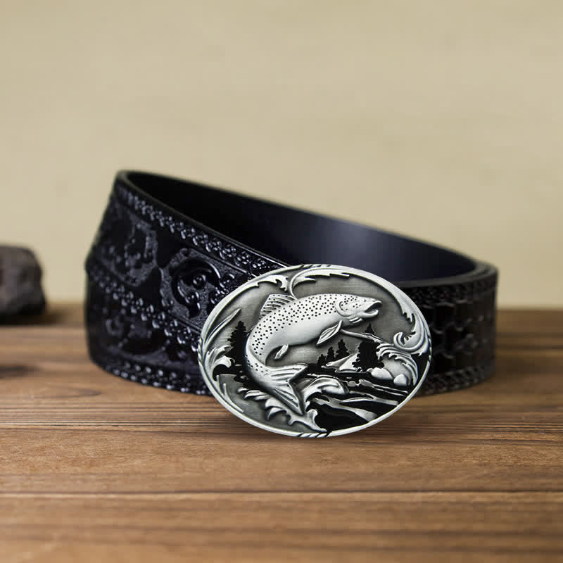 Men's DIY Fishing Wildlife Buckle Leather Belt - Fishing - Black Carved Belt (40) - image 7