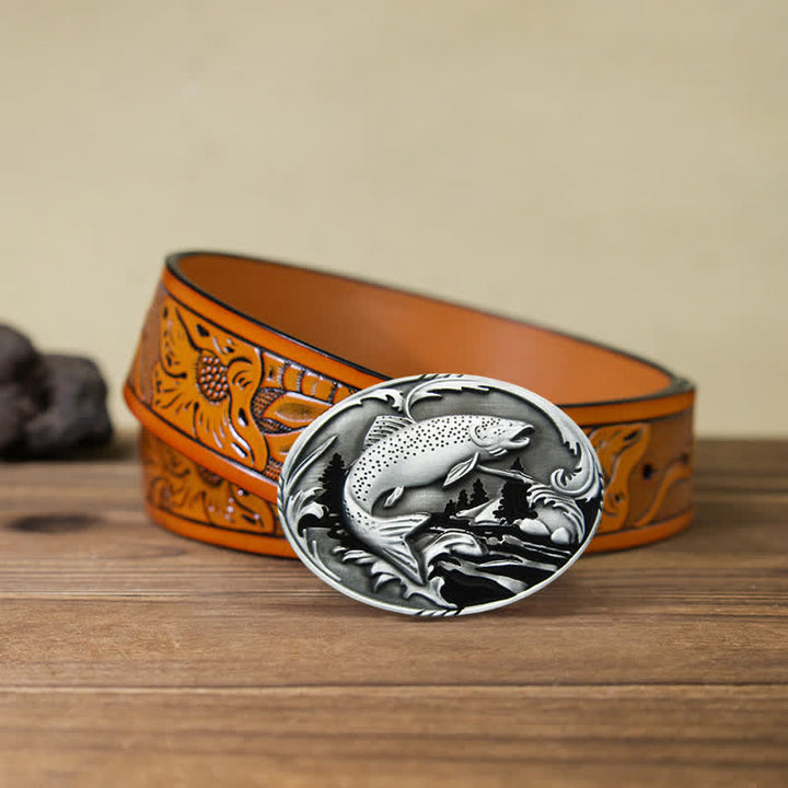 Men's DIY Fishing Wildlife Buckle Leather Belt - Fishing - Orange Carved Belt (40) - image 10
