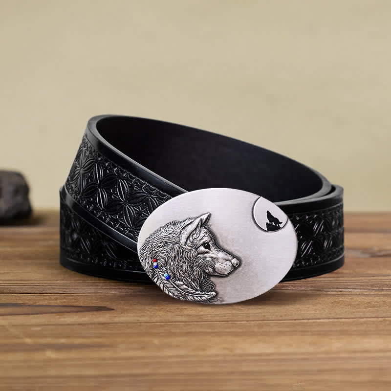 Men's DIY Indian Wolf Buckle Leather Belt - Wolf - Black Embossed Weave Belt (40) - image 5