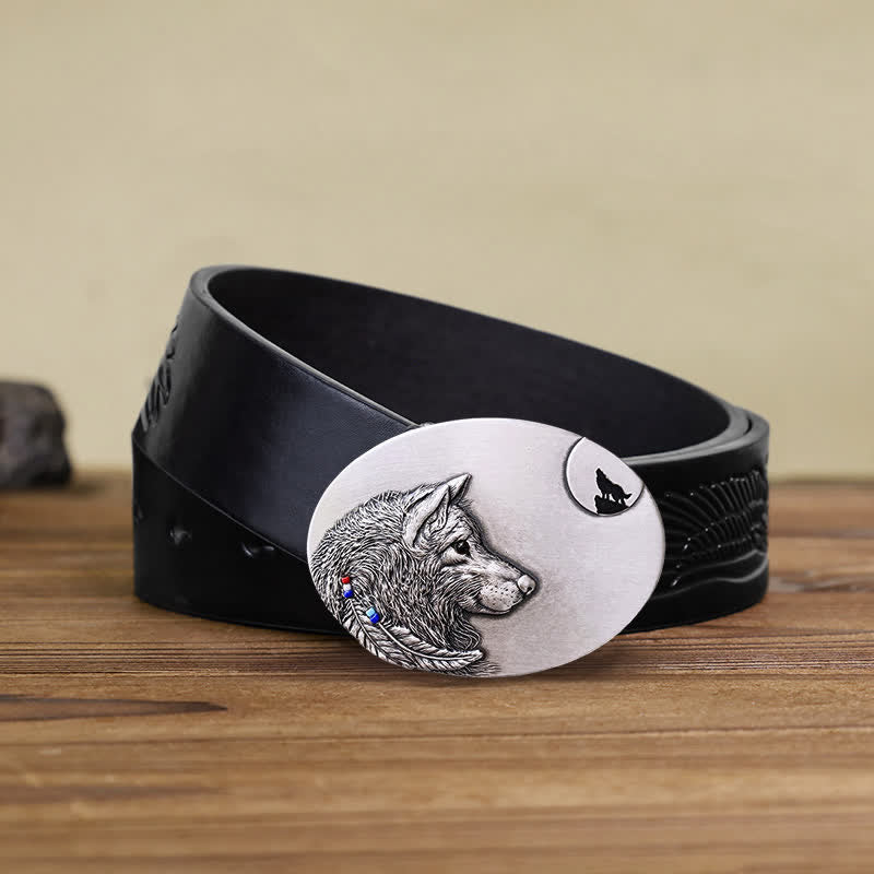 Men's DIY Indian Wolf Buckle Leather Belt - Wolf - Black Embossed Eagle Belt (40) - image 4