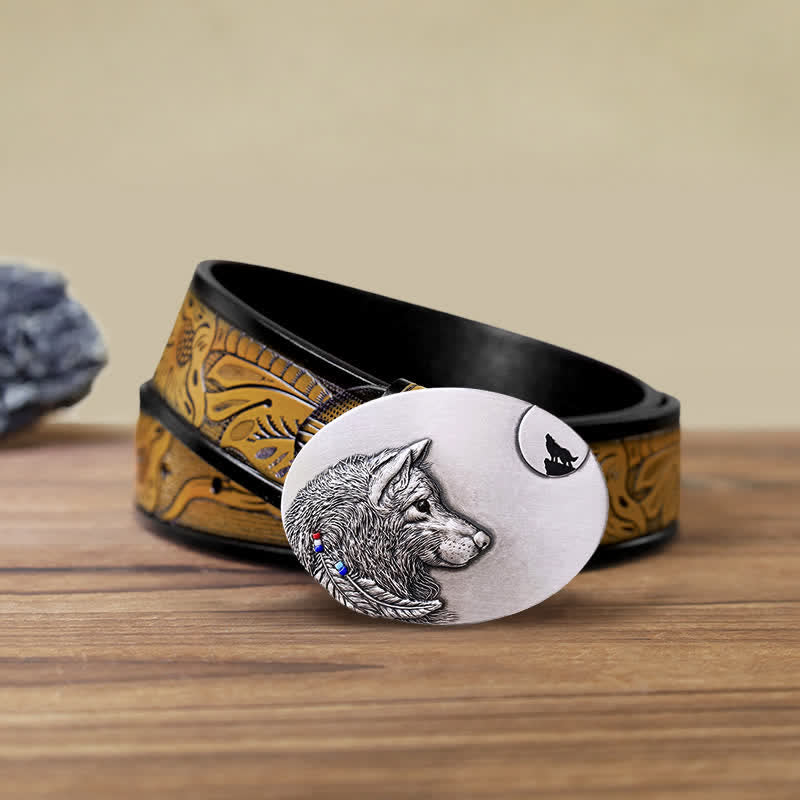 Men's DIY Indian Wolf Buckle Leather Belt - Wolf - SandyBrown Belt (40) - image 8