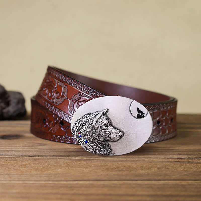 Men's DIY Indian Wolf Buckle Leather Belt - Wolf - Brown Carved Belt (40) - image 7