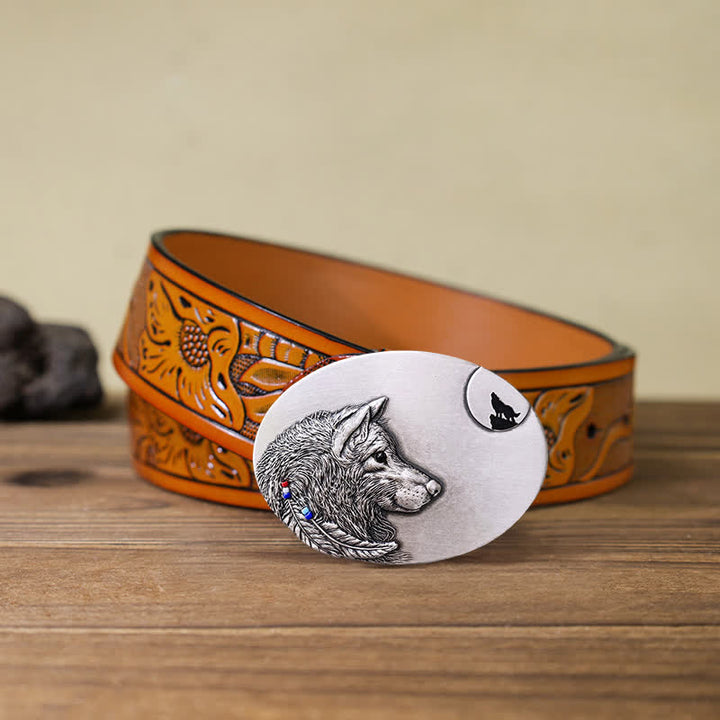 Men's DIY Indian Wolf Buckle Leather Belt - Wolf - Orange Carved Belt (40) - image 9
