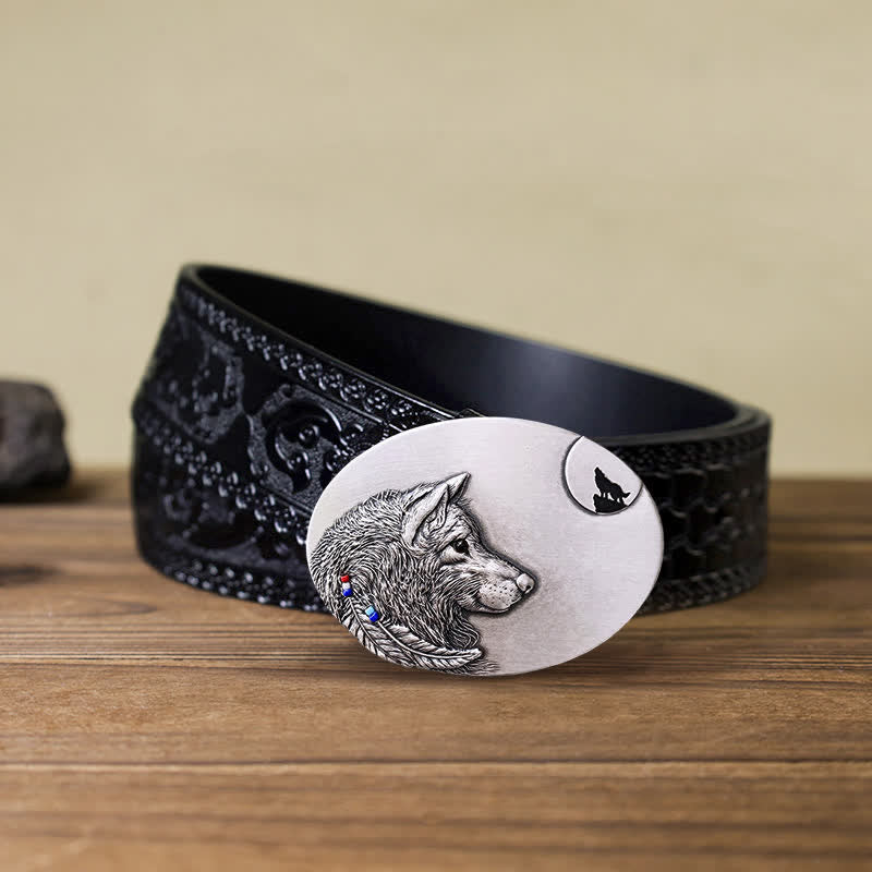 Men's DIY Indian Wolf Buckle Leather Belt - Wolf - Black Carved Belt (40) - image 6