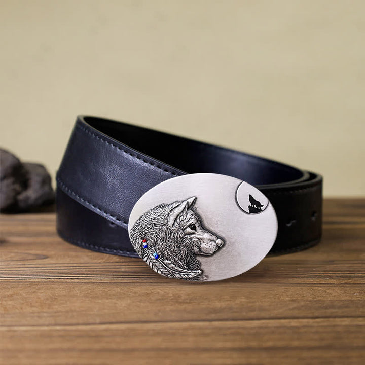 Men's DIY Indian Wolf Buckle Leather Belt - Wolf - Black PU Belt (40) - image 3
