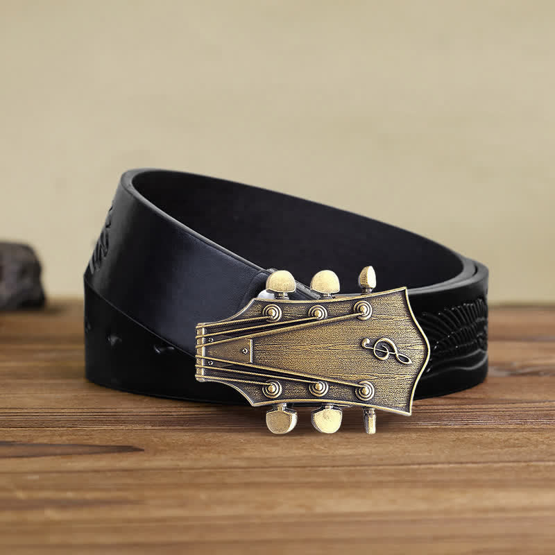 Men's DIY Bronze Guitar Music Buckle Leather Belt - Guitar - Black Embossed Eagle Belt (40) - image 4