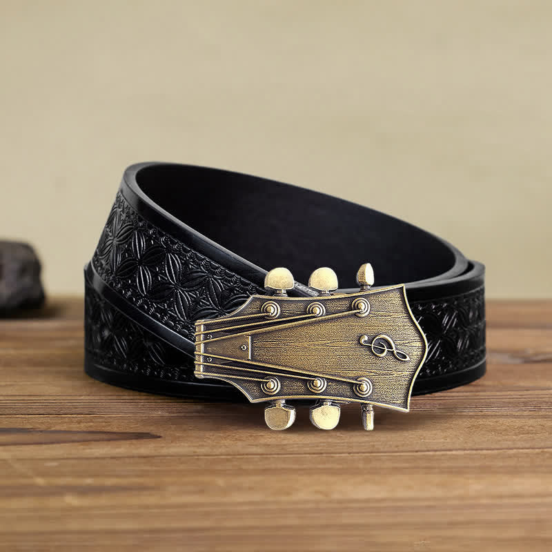 Men's DIY Bronze Guitar Music Buckle Leather Belt - Guitar - Black Embossed Weave Belt (40) - image 5