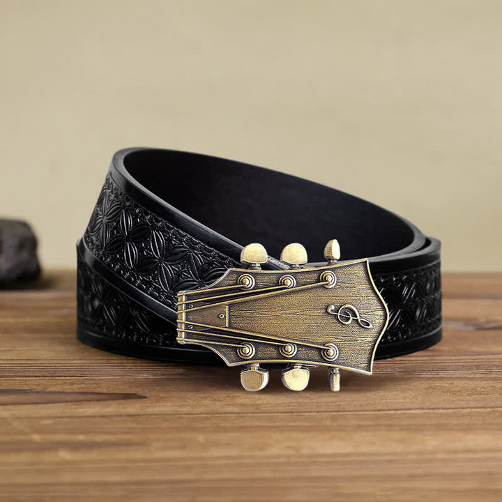 Men's DIY Bronze Guitar Music Buckle Leather Belt - Guitar - Black Embossed Weave Belt (40) - image 5